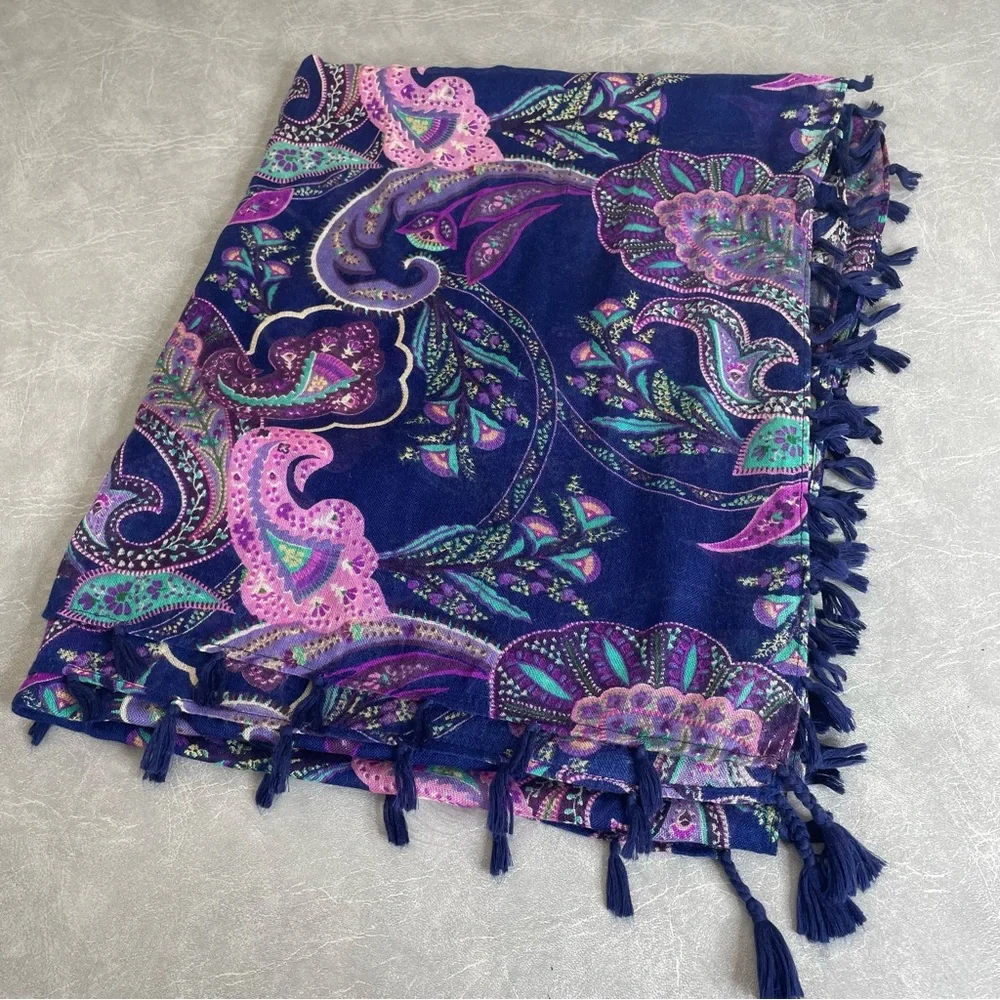 Elegant Navy, Pink and Purple Paisley Scarf with Tassels